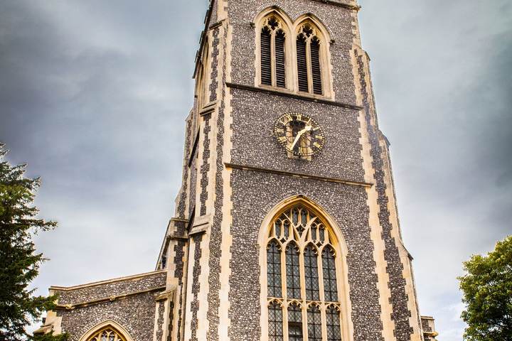 The flint tower and spire of St Mary’s Church, Wimbledon, near Church Road